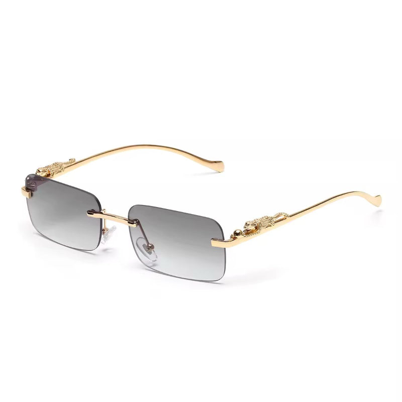 Jet black rectangular rimless sunglasses with UV400 lenses and golden panther arms
