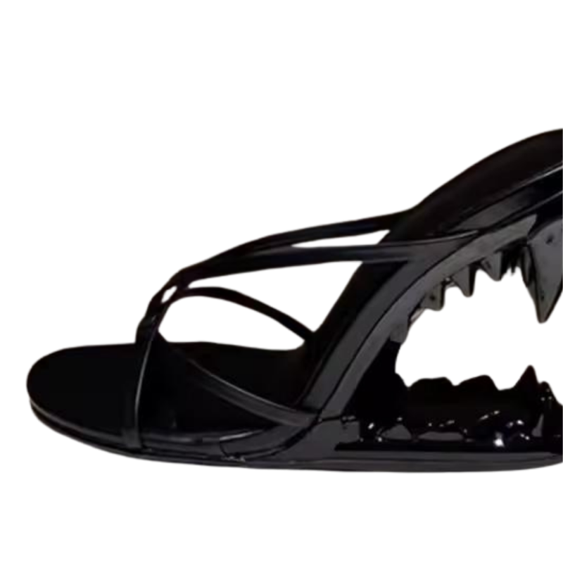 FATAL BITE Heels in Glossy Black – gothic high heels with metallic predator teeth heel, black PU leather sandals for fashionistas, clubwear statement shoes with bite