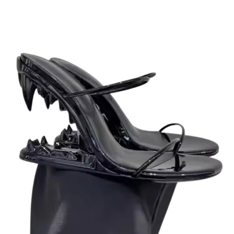 FATAL BITE Heels in Glossy Black – gothic high heels with metallic predator teeth heel, black PU leather sandals for fashionistas, clubwear statement shoes with bite