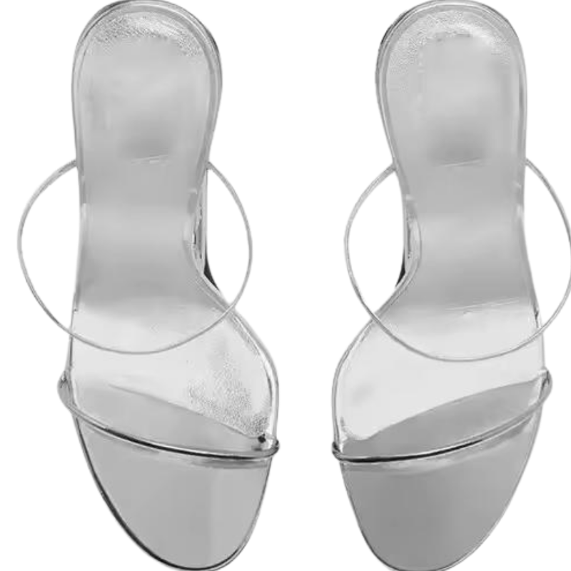 FATAL BITE Heels in Chrome Silver – futuristic high heels with 3D metal shark bite heel, shiny silver sandals for women, edgy designer footwear for summer fashion 2025