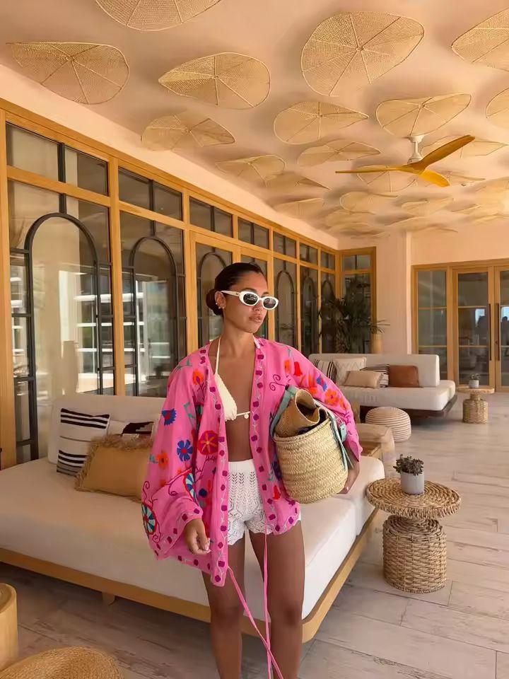 Boho chic women’s kimono with colorful embroidery, lightweight polyester cardigan for summer, autumn, and beach outfits
