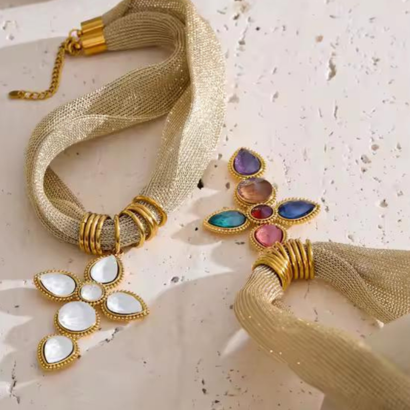 Gioia di Colori luxury cross necklaces – gold stainless steel mesh chains with faceted glass pendants – vibrant multicolor gemstone cross and elegant white crystal cross – timeless religious jewelry for women, statement and bridal styles