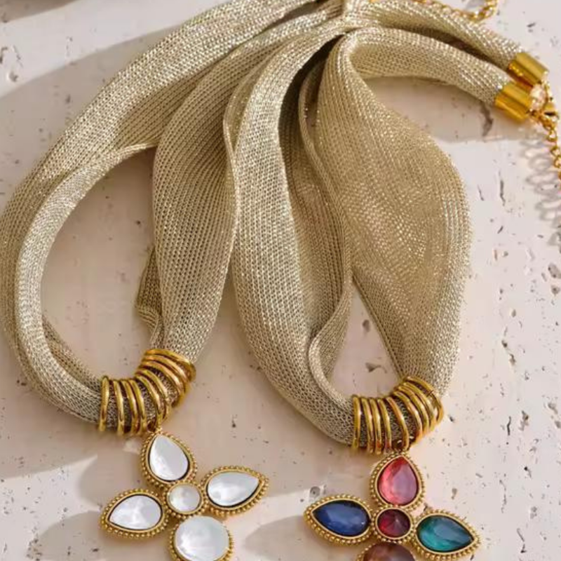 Gioia di Colori luxury cross necklaces – gold stainless steel mesh chains with faceted glass pendants – vibrant multicolor gemstone cross and elegant white crystal cross – timeless religious jewelry for women, statement and bridal styles