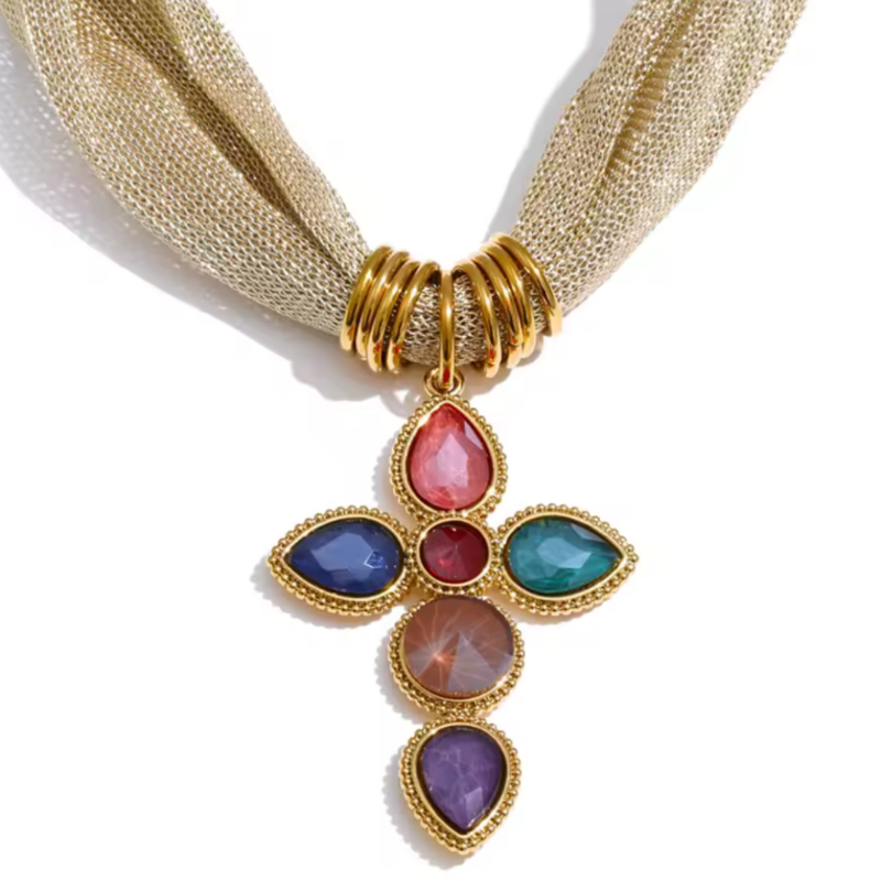 Gioia di Colori multicolor gemstone cross necklace with gold-plated stainless steel mesh chain – vibrant faceted glass pendant in ruby red, sapphire blue, emerald green, amethyst purple, champagne blush – luxury religious statement jewelry for women