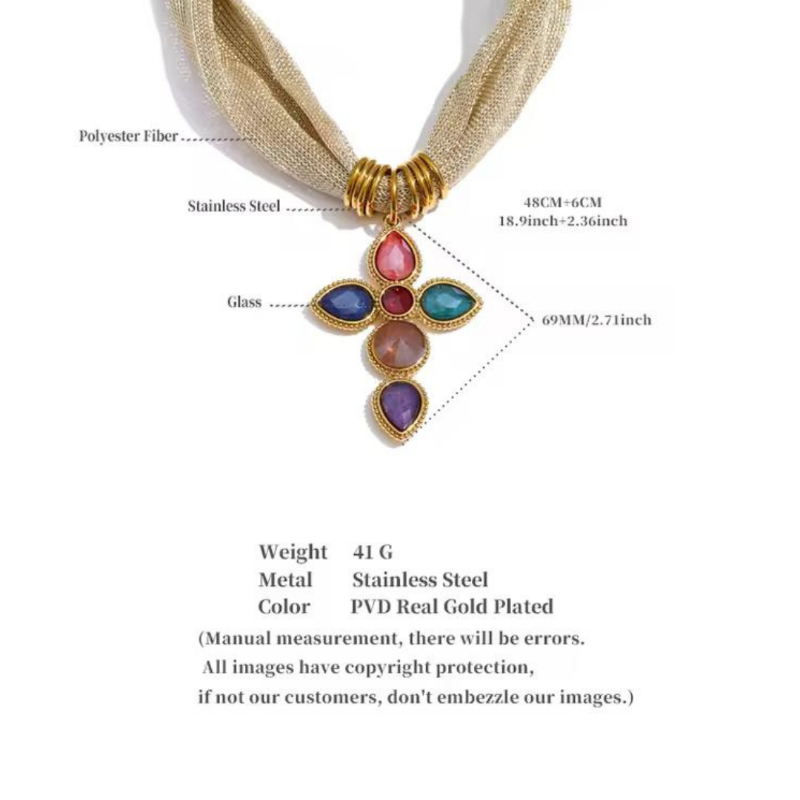 Gioia di Colori multicolor gemstone cross necklace with gold-plated stainless steel mesh chain – vibrant faceted glass pendant in ruby red, sapphire blue, emerald green, amethyst purple, champagne blush – luxury religious statement jewelry for women
