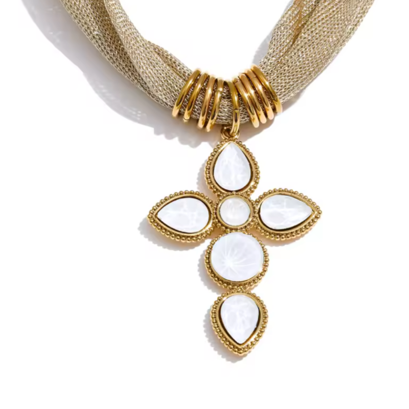Gioia di Colori white crystal cross necklace with gold-plated stainless steel mesh chain – luminous faceted glass stones resembling mother-of-pearl – elegant bridal and everyday religious jewelry for women, hypoallergenic and tarnish-resistant