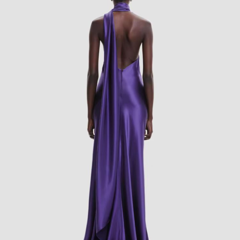 Luxury backless purple dress with asymmetrical neck and figure-hugging fit