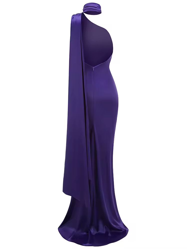 Purple satin evening gown with floral shoulder detail, sleeveless and floor-length – Glamour Mia