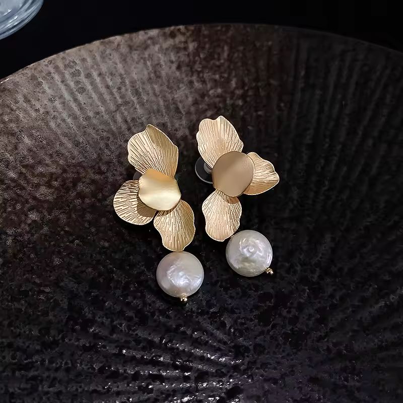Georgine gold blossom earrings with genuine freshwater pearl – luxury handmade statement jewelry for women