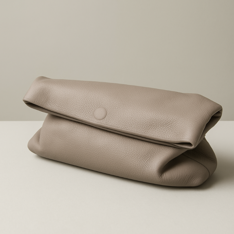 Nude genuine leather foldover handbag with cotton lining, minimalist clutch for women