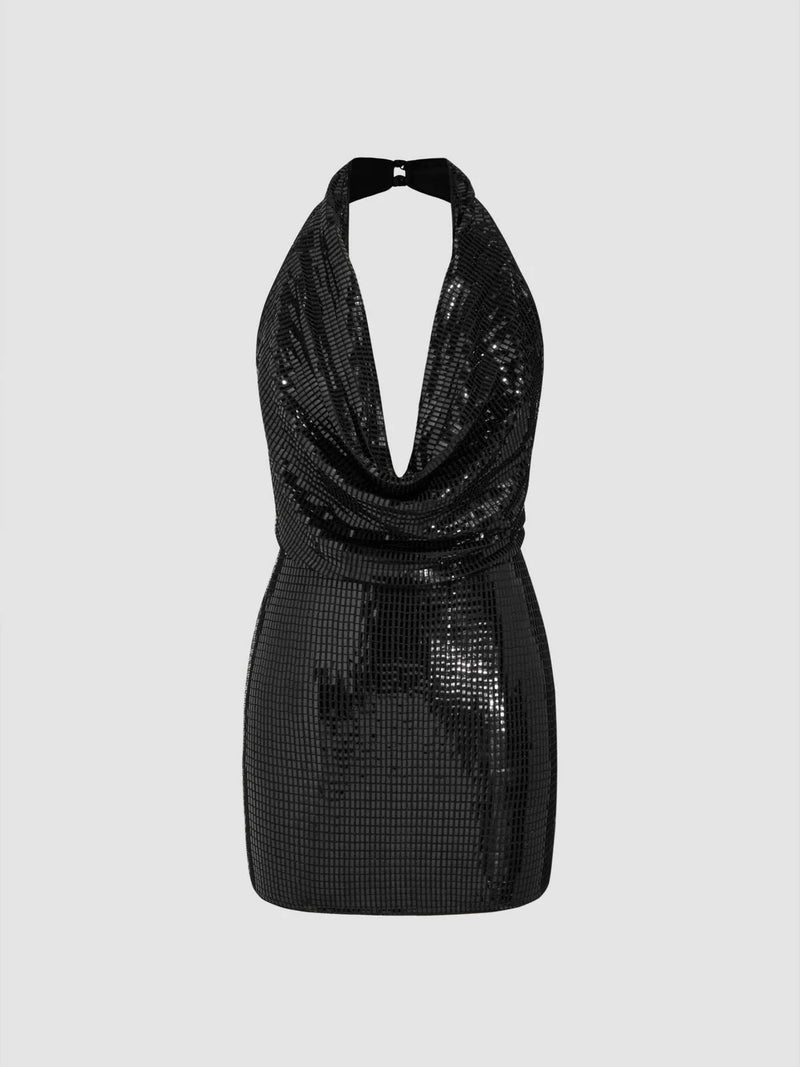 Model wearing a black sequin halterneck mini dress with deep V neckline and bodycon fit – perfect for parties or night out fashion.