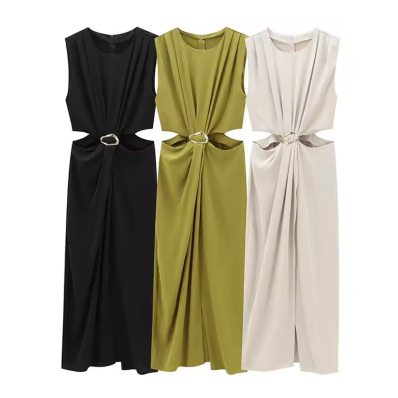 Kaïa Sculpt Midi in black – sleeveless cut-out midi dress with gold buckle and draped waist detail.