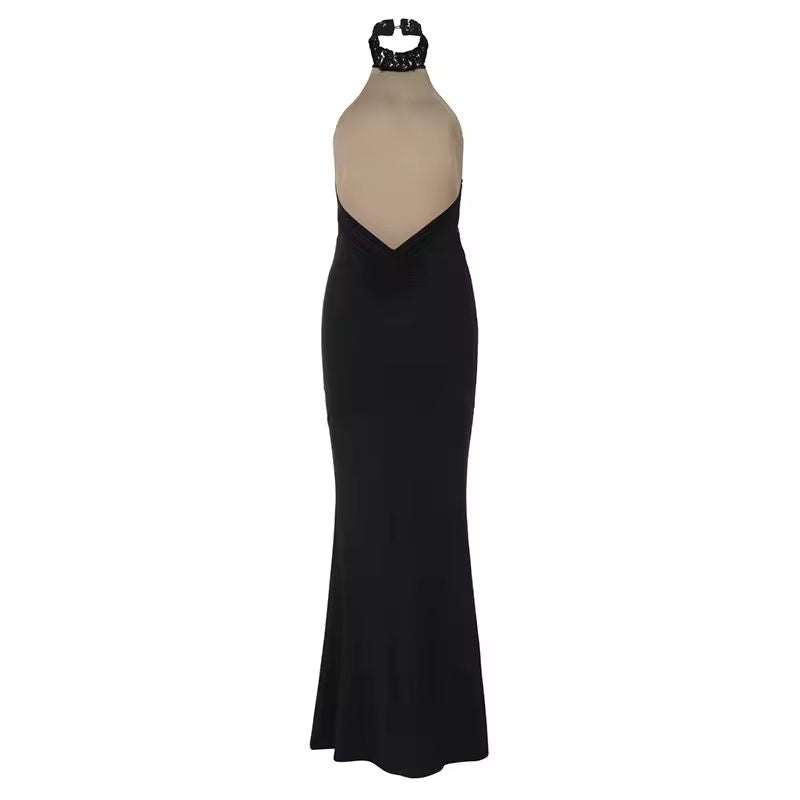 La Diva elegant long lace halter dress for women black evening gown with open back slim fit and timeless glamour style