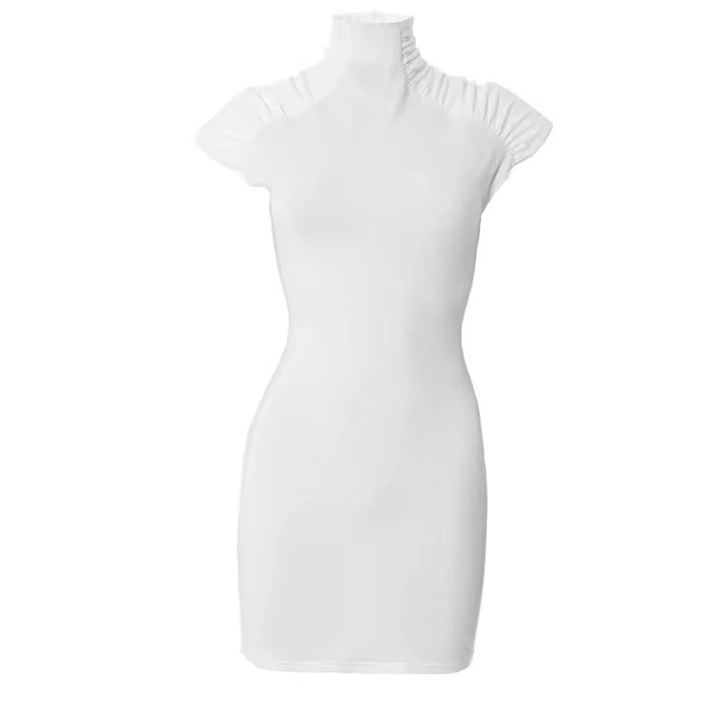White high-neck bodycon mini dress with ruched shoulders, sleeveless design, and A-line silhouette.