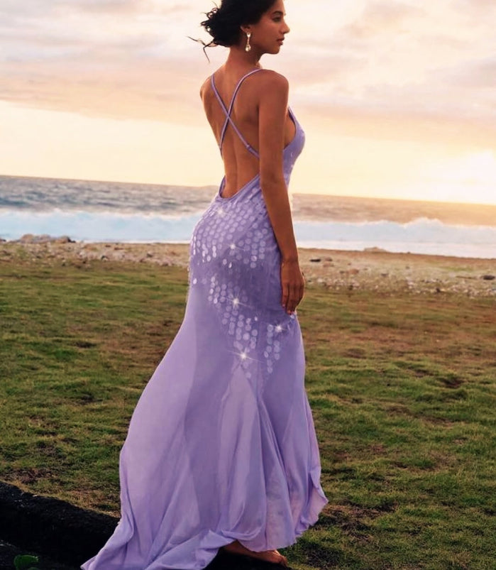 Lilac sequin mermaid evening dress with spaghetti straps and open back – Lisa gown for weddings, summer events, and formal occasions.