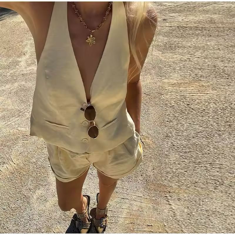 Lightweight 2-piece linen cotton set for women – beige summer co-ord with vest & above-knee shorts.
