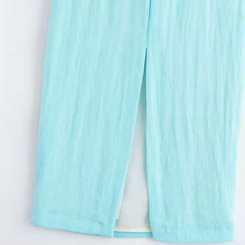 Breathable linen midi dress for women with soft side slit, turquoise fabric, casual summer dress, ankle length, flowy non-stretch texture