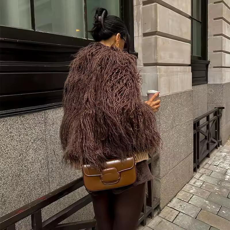 Women’s faux fur winter jacket oversized fit brown fluffy coat cruelty-free fashion back view