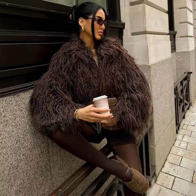 LIVORA oversized faux fur jacket women brown fluffy winter coat with O-neckline and short cut
