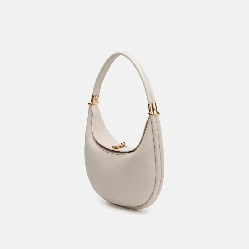Classic cream genuine leather crescent handbag – designer moon shoulder bag for women with gold hardware and luxury style