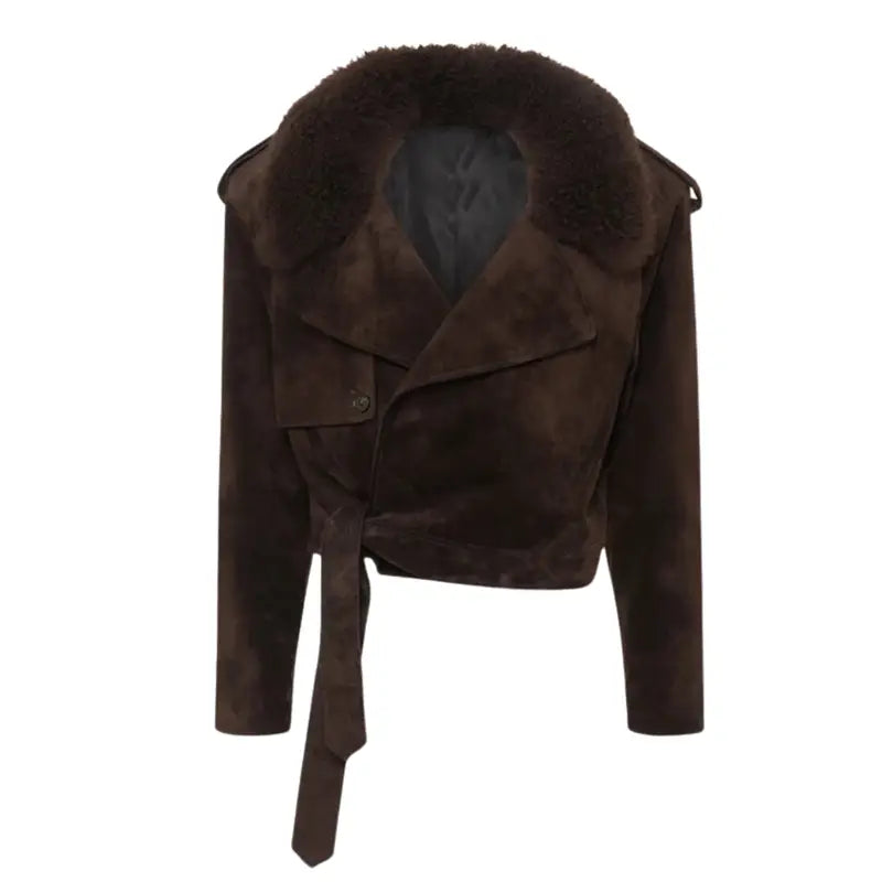 Close-up of the removable shearling collar on the Guardian Suede Jacket, showcasing its luxurious detail.