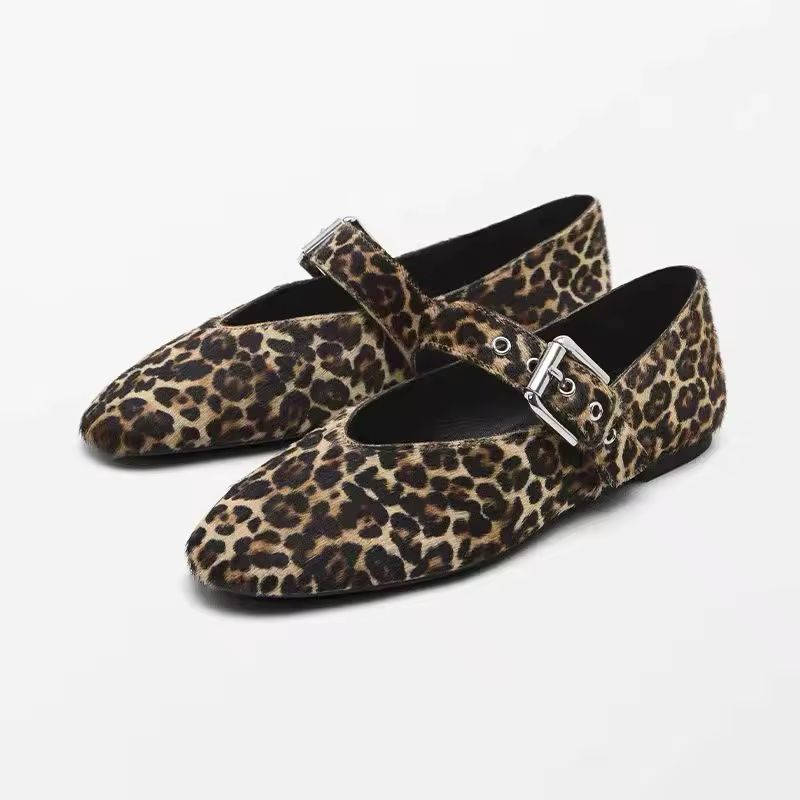 2025 Luxury Leopard Mary Jane Flats for Women – Real Horsehair and Leather Shoes with Buckle Strap and Round Toe