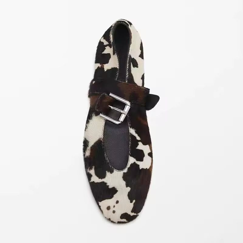 Luxury 2025 Cowhide Leather Flats for Women – Real Pony Hair Designer Loafers with Buckle Strap, Animal Print Round Toe Shoes, Spring Summer Trendy Comfortable Chic Footwear
