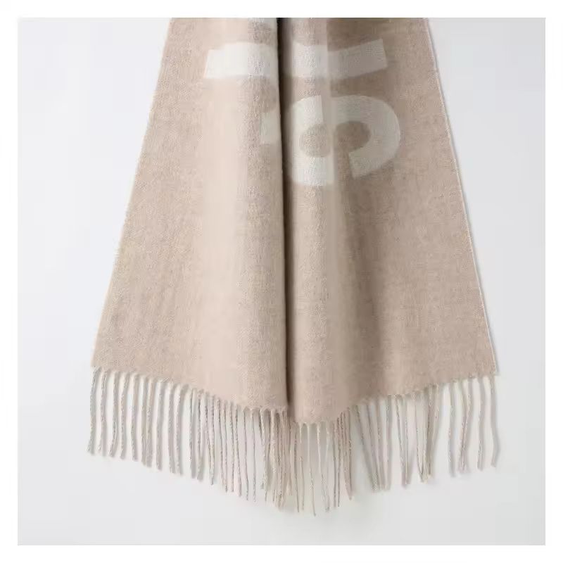 Beige virgin wool scarf with monogram design – Chic & Charm luxury winter wool accessory