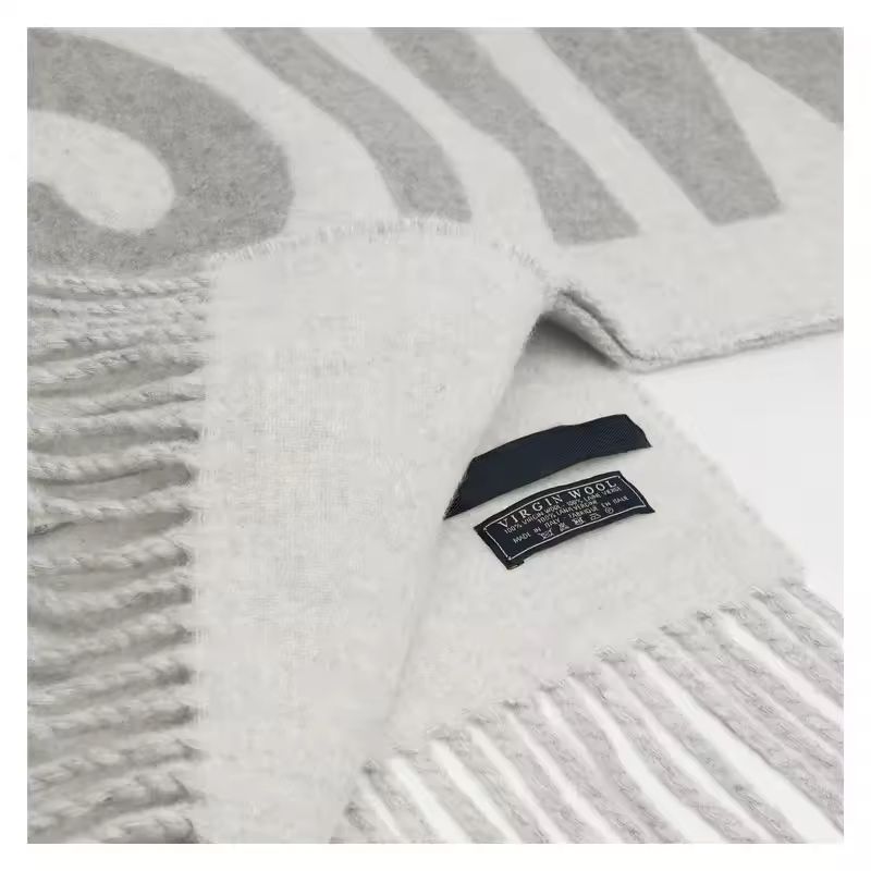 Light grey wool scarf for women – Chic & Charm monogram virgin wool, fringed edges