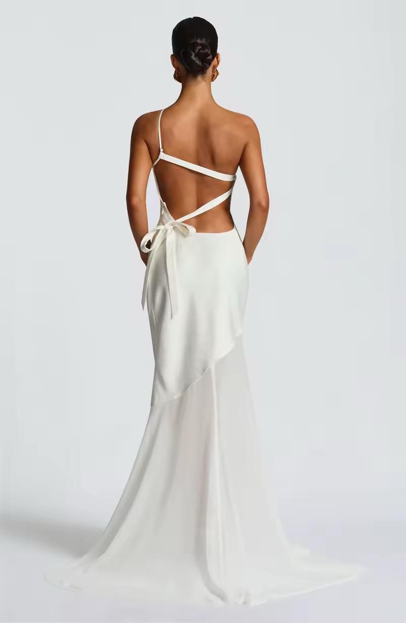 Modern bridal maxi dress with open back and tie detail