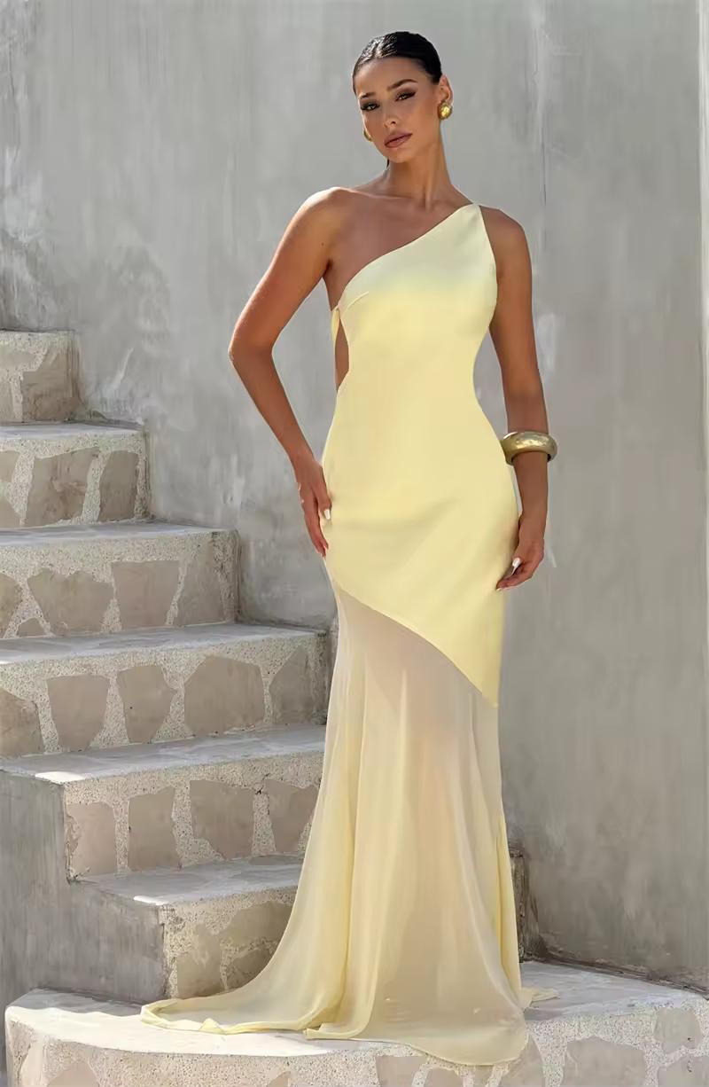 Yellow one-shoulder backless maxi dress for women with flowing chiffon train – elegant summer evening gown