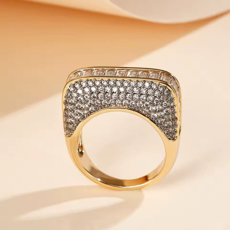 Memoria Luxe luxury gold plated ring, handcrafted copper base with premium zirconia stones for women