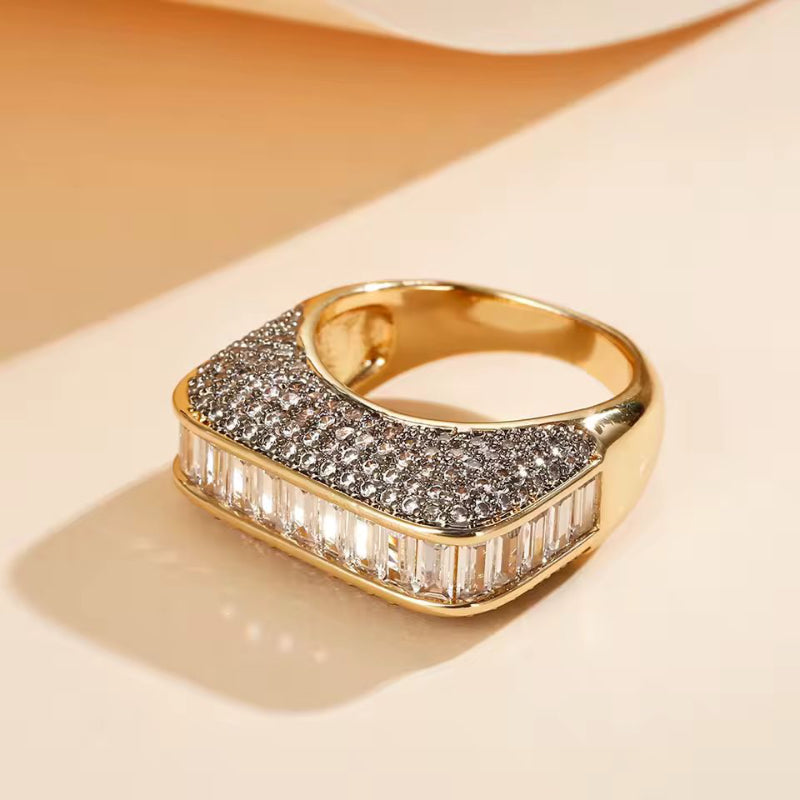 Modern rectangular zirconia inlay ring, Memoria Luxe 18K gold plated statement accessory for women