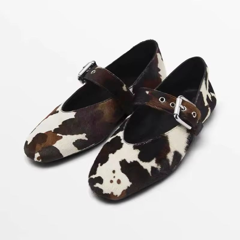 Luxuriöse Kuhfell-Lederslipper Damen 2025 – Echtleder Loafer mit Schnalle, runde Zehenform, bequeme Flats mit Animal-Print für Frühling & Sommer