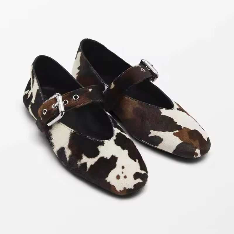 Luxury 2025 Cowhide Leather Flats for Women – Real Pony Hair Designer Loafers with Buckle Strap, Animal Print Round Toe Shoes, Spring Summer Trendy Comfortable Chic Footwear