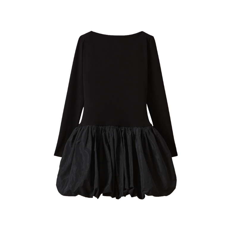 Elegant long sleeve black dress for women with voluminous balloon skirt, sculptural silhouette, and fitted top – minimalist couture-inspired eveningwear made in Italy.