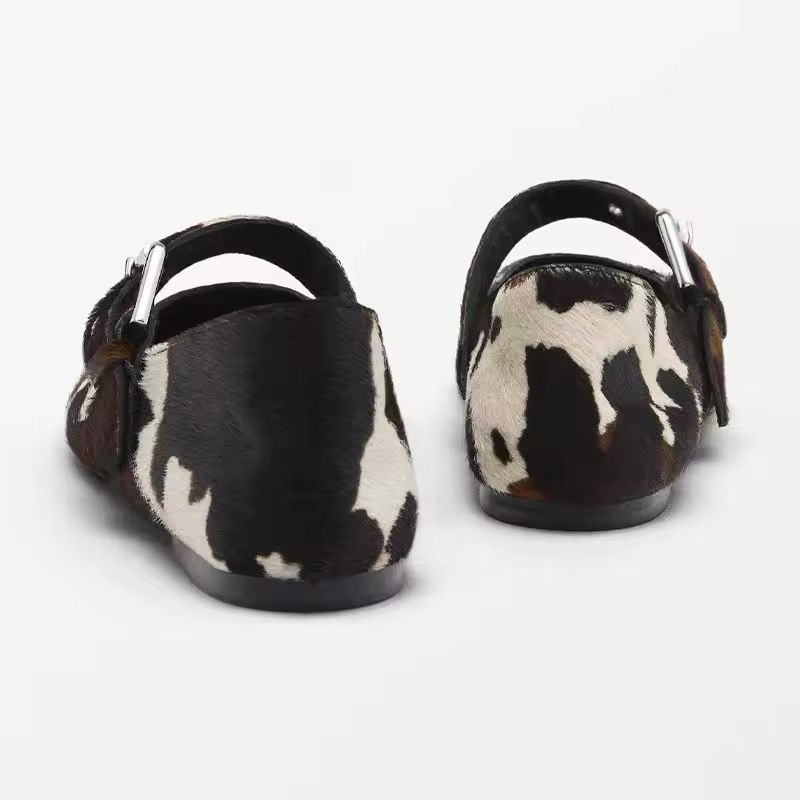 Luxury 2025 Cowhide Leather Flats for Women – Real Pony Hair Designer Loafers with Buckle Strap, Animal Print Round Toe Shoes, Spring Summer Trendy Comfortable Chic Footwear