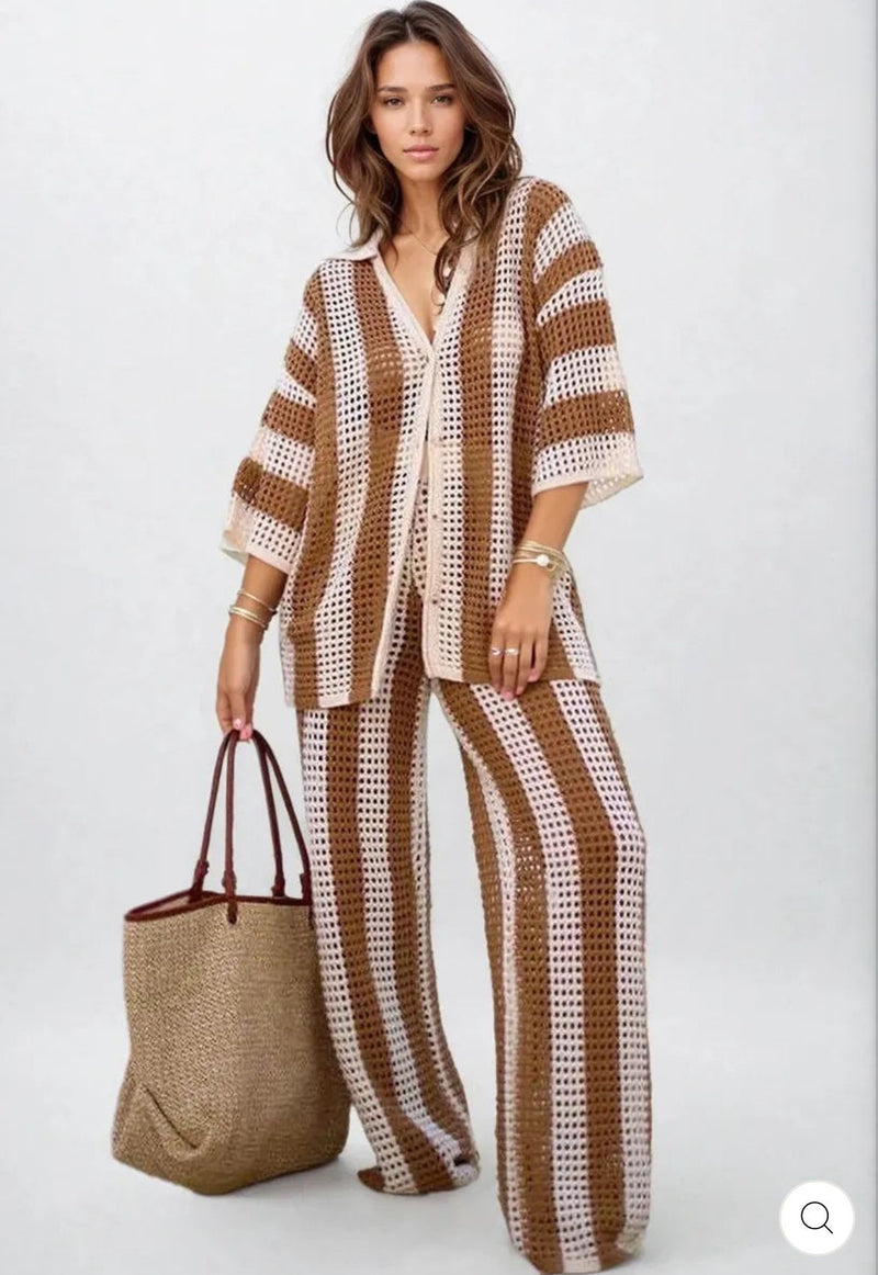 Mira Striped Knit Set for Women, V-Neck Top with Button Details & High-Waisted Wide-Leg Pants, Beige, Brown, Black, and White Stripes, Stylish Summer Lounge Wear, Casual Beach Outfit, Comfortable and Trendy.