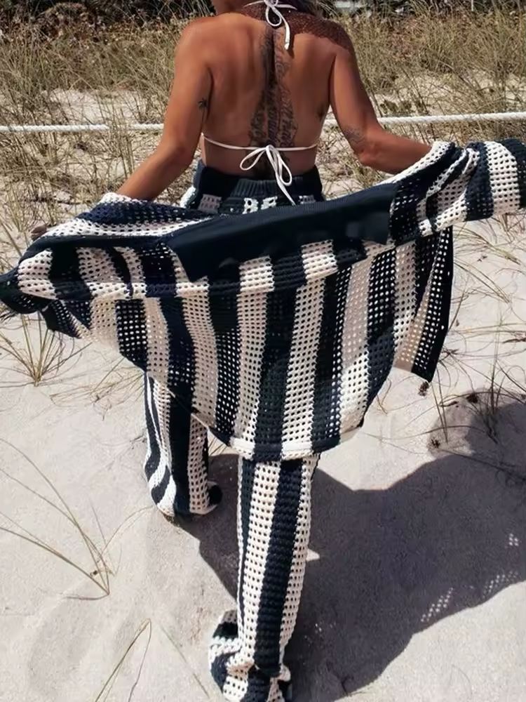 Mira Striped Knit Set for Women, V-Neck Top with Button Details & High-Waisted Wide-Leg Pants, Beige, Brown, Black, and White Stripes, Stylish Summer Lounge Wear, Casual Beach Outfit, Comfortable and Trendy.