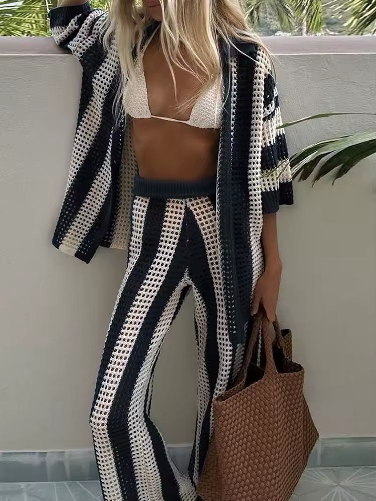 Mira Striped Knit Set for Women, V-Neck Top with Button Details & High-Waisted Wide-Leg Pants, Beige, Brown, Black, and White Stripes, Stylish Summer Lounge Wear, Casual Beach Outfit, Comfortable and Trendy.