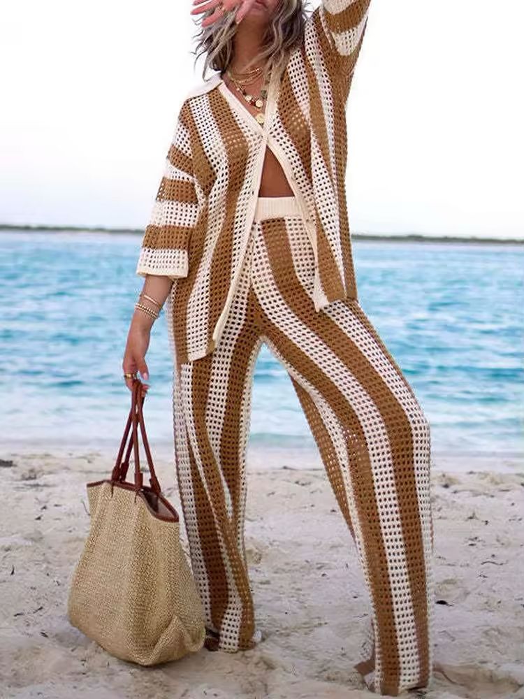 Mira Striped Knit Set for Women, V-Neck Top with Button Details & High-Waisted Wide-Leg Pants, Beige, Brown, Black, and White Stripes, Stylish Summer Lounge Wear, Casual Beach Outfit, Comfortable and Trendy.