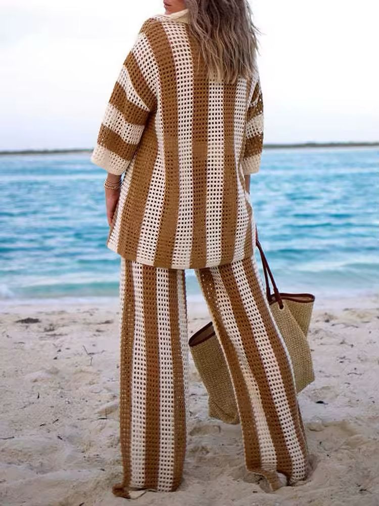 Mira Striped Knit Set for Women, V-Neck Top with Button Details & High-Waisted Wide-Leg Pants, Beige, Brown, Black, and White Stripes, Stylish Summer Lounge Wear, Casual Beach Outfit, Comfortable and Trendy.
