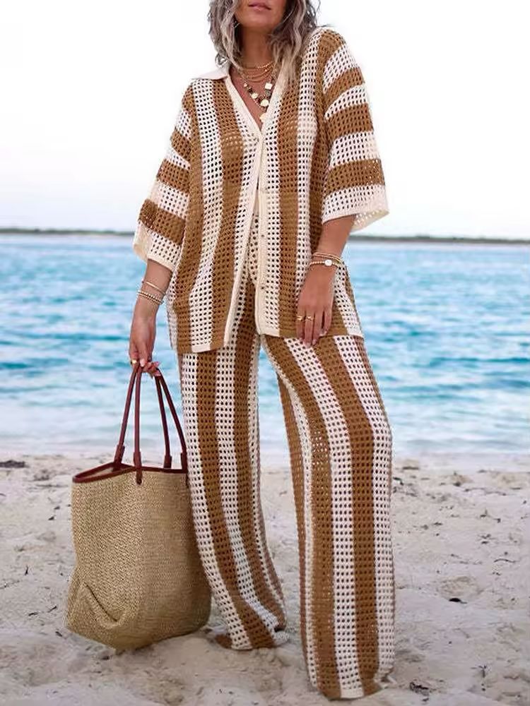 Mira Striped Knit Set for Women, V-Neck Top with Button Details & High-Waisted Wide-Leg Pants, Beige, Brown, Black, and White Stripes, Stylish Summer Lounge Wear, Casual Beach Outfit, Comfortable and Trendy.