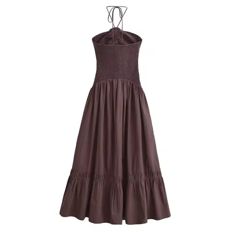 Elegant strapless mocha brown summer maxi dress with floral neck-tie detail, A-line silhouette, and ankle-length flow – lightweight non-stretch polyester, ideal for city days, beach cafés, vacations, and warm-weather events.