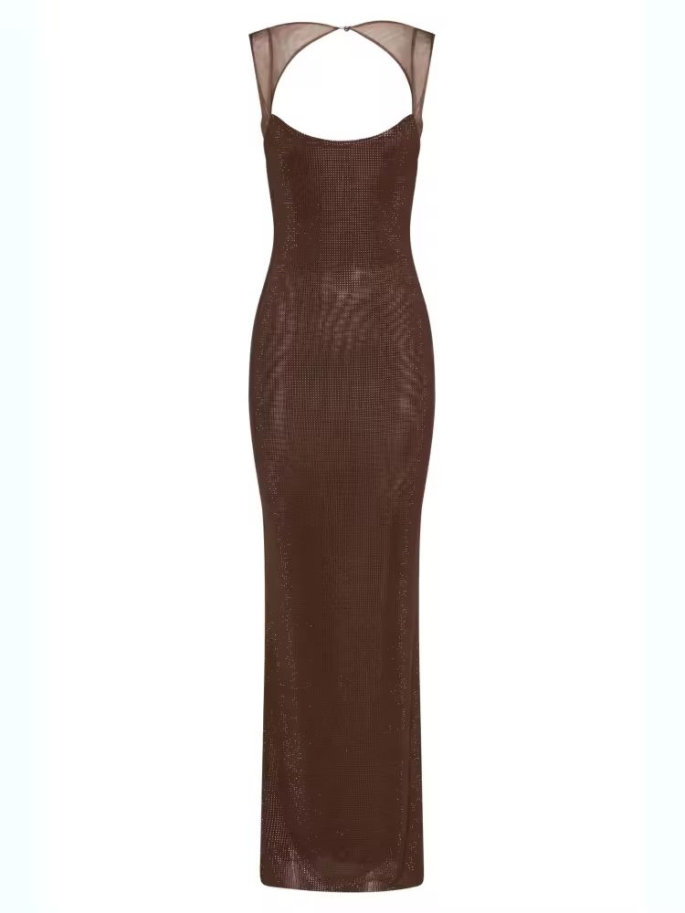 Mocha brown glitter maxi dress with straps – elegant body-hugging hot diamond gown for weddings, parties or cocktail nights.