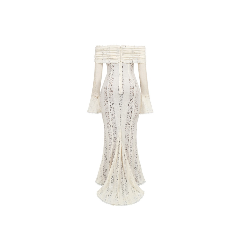 Ivory off-shoulder lace maxi dress with flared trumpet sleeves, ruched bust, tie front, and flowing train – romantic floor-length bridal gown with sculpted fit, ideal for weddings and formal occasions.