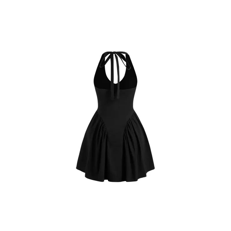 Simple neckholder dress with a chic back cutout, made from stretchy, soft jersey fabric. The dress offers a regular fit for all body types and is perfect for summer, parties, casual outings, and special occasions. Easy-care and durable, it maintains its shape after multiple washes.