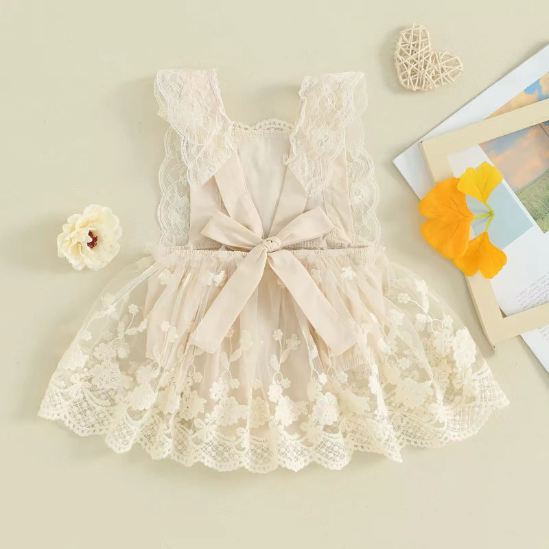 New Baby girl lace romper with tutu skirt, summer outfit for 0–24 months, ivory cotton baby dress