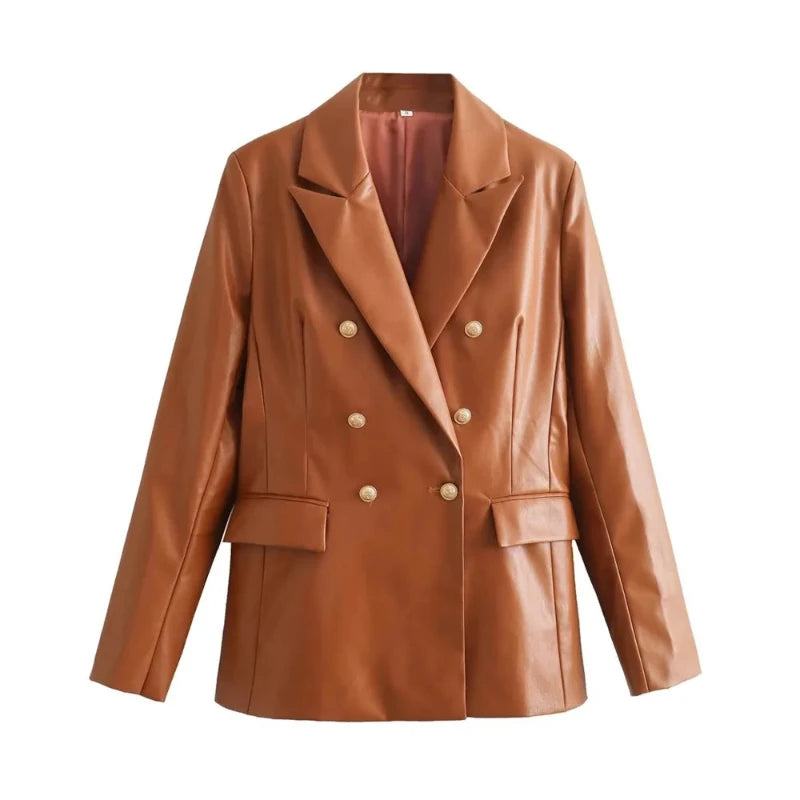 Stylish brown double-breasted PU leather blazer featuring gold buttons and flap pockets.