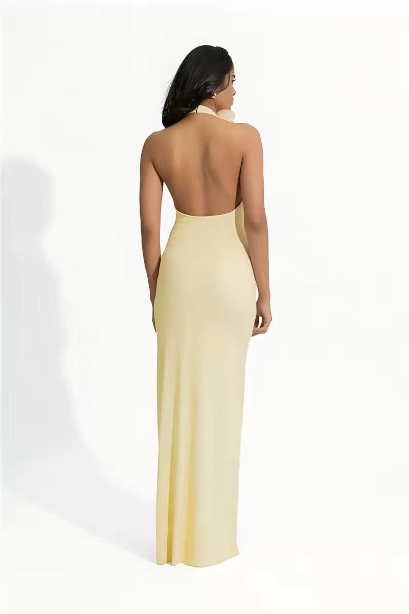 Noa yellow halter dress 2025 – floor-length backless gown with ruffle neckline, A-line silhouette, soft stretch polyester-spandex fabric. Elegant summer outfit for beach weddings, club nights, luxury vacations & golden hour events.